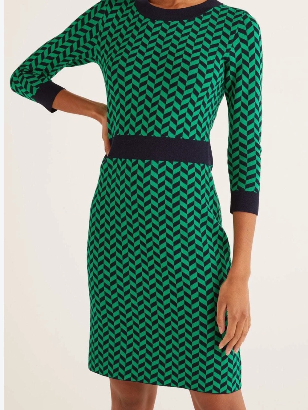 Boden Green and Navy Chevron Knit Dress - Picture 2 of 10